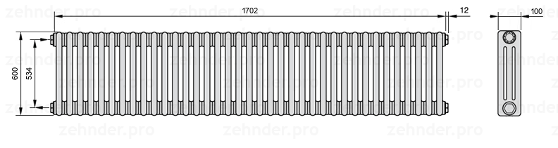 Схема (чертеж) Радиатор Zehnder Charleston 3060/37 №1270 Белый глянцевый RAL 9016